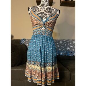 Angie Boho Midi Dress Womens Fairy  Smocked Back Twist Front Festival